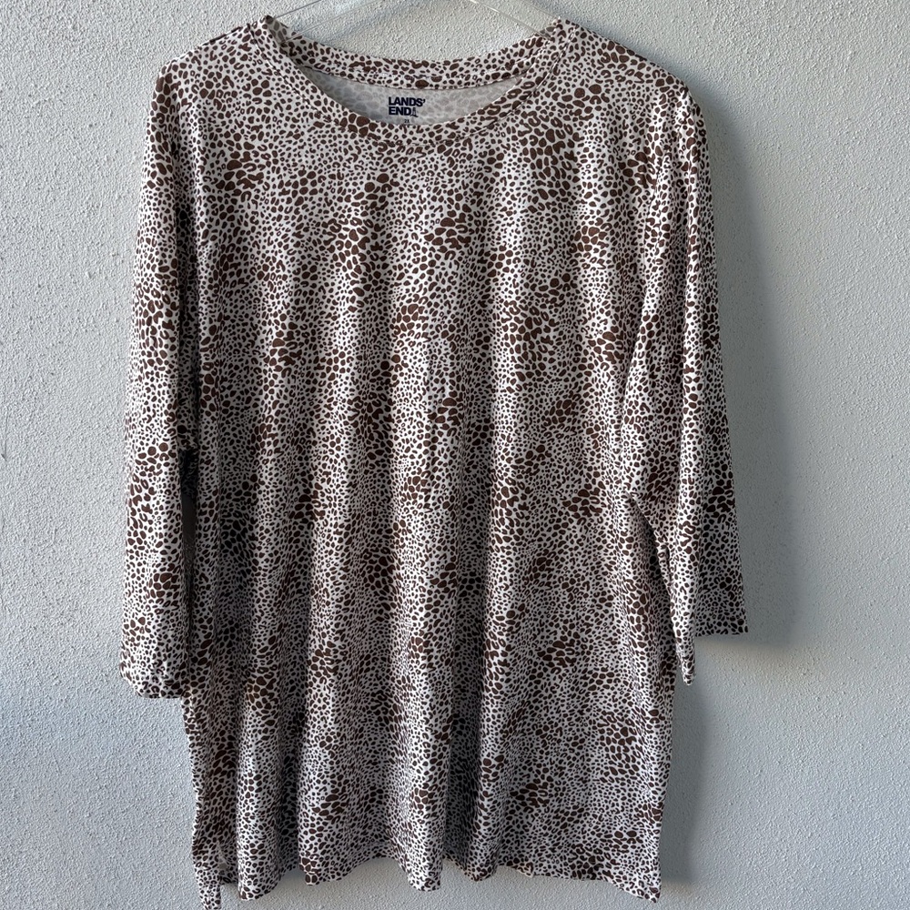 Lands End‎ 2X 3/4 Sleeve Cotton Round Neck Brown Animal Print Tee Casual Soft